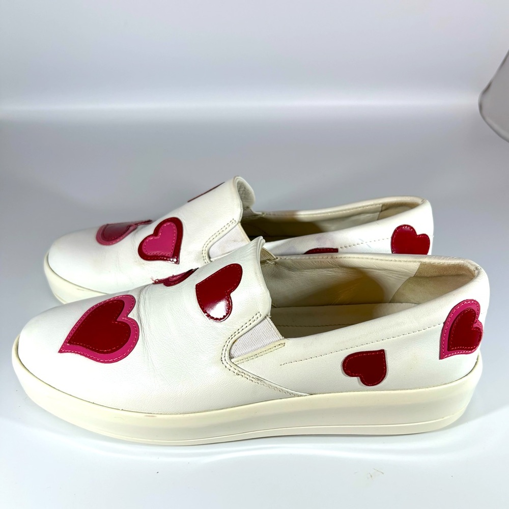 Prada White Leather Slip-On Sneakers with Pink and Red Heart Appliqués